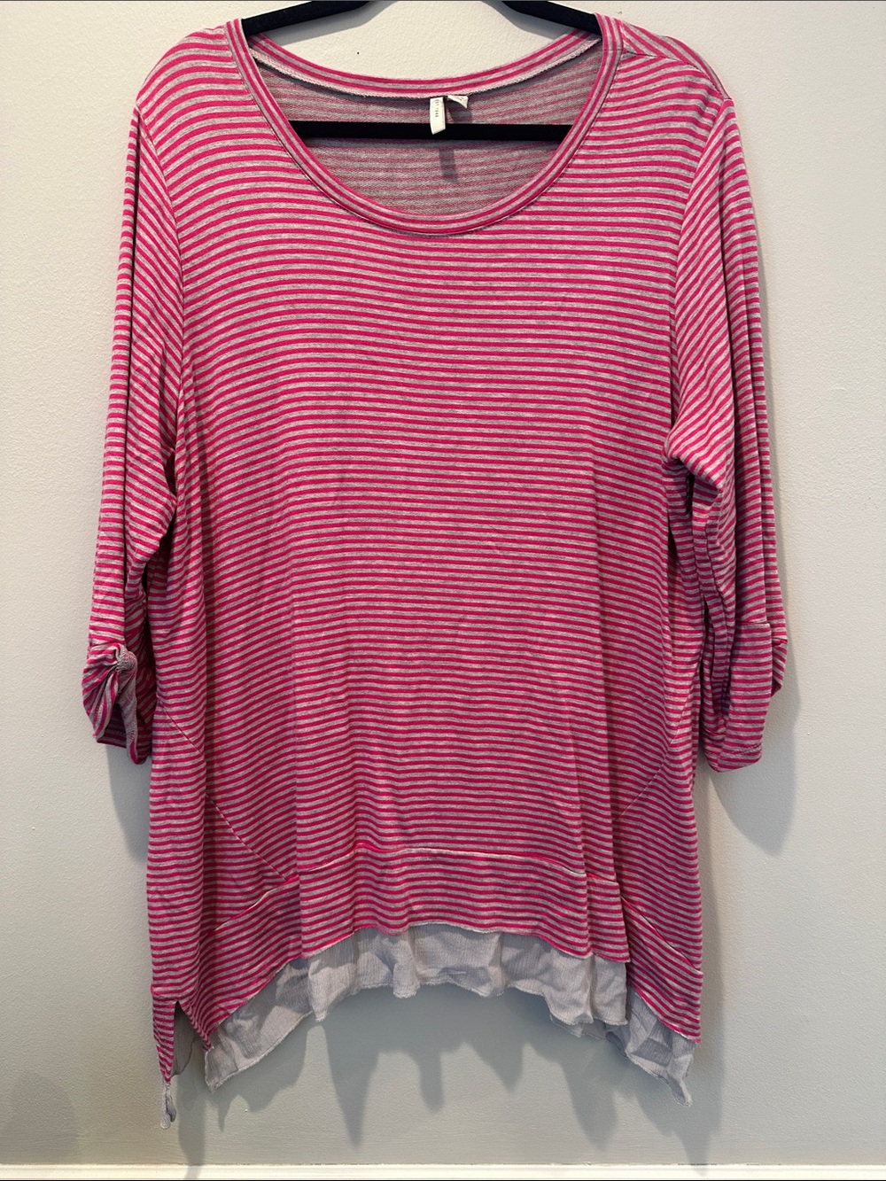 Cato Pink and White Striped Long-Sleeve Layered-Hem Top